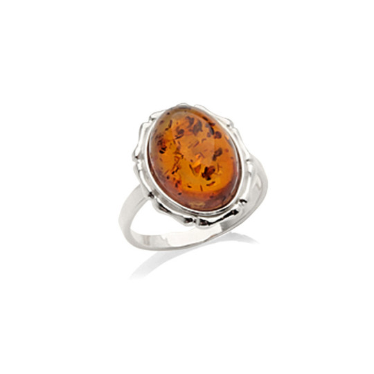 Anello ovale in ambra cognac del Mar Baltico, argento 925 rodiato