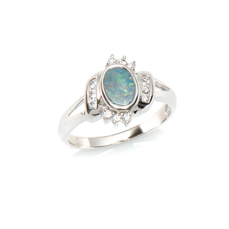 Bague en opale doublet ovale et oxyde de zirconium, en argent 925 rhodié