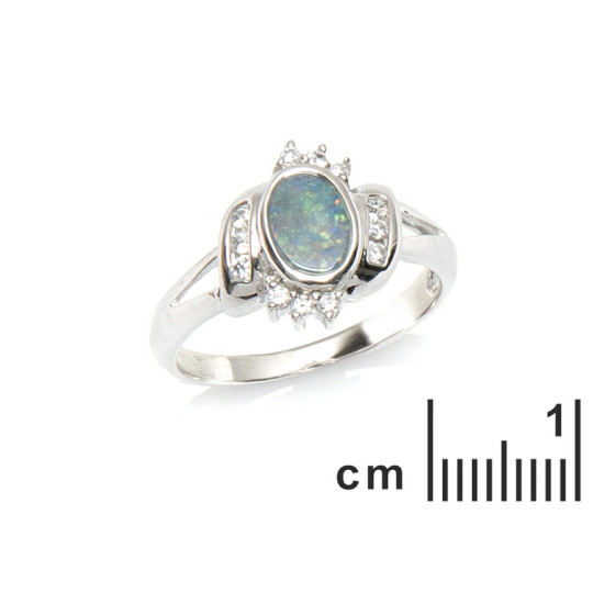 Oval doublet opal and zirconium oxide ring, in rhodium-plated 925 silver