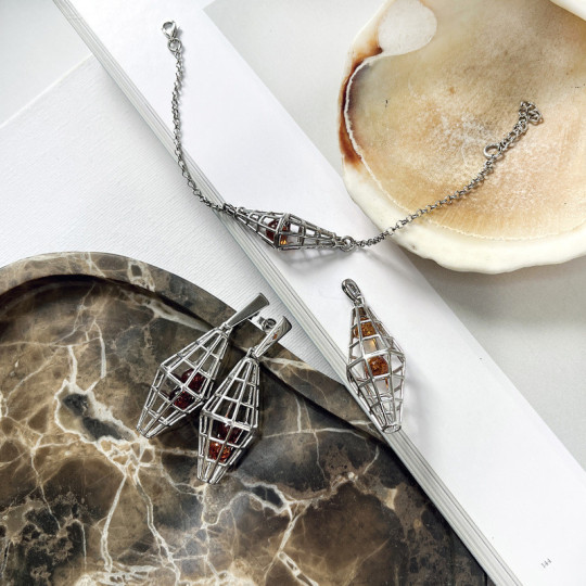 Multi-stone ring in cognac amber navette, in rhodium-plated 925 silver