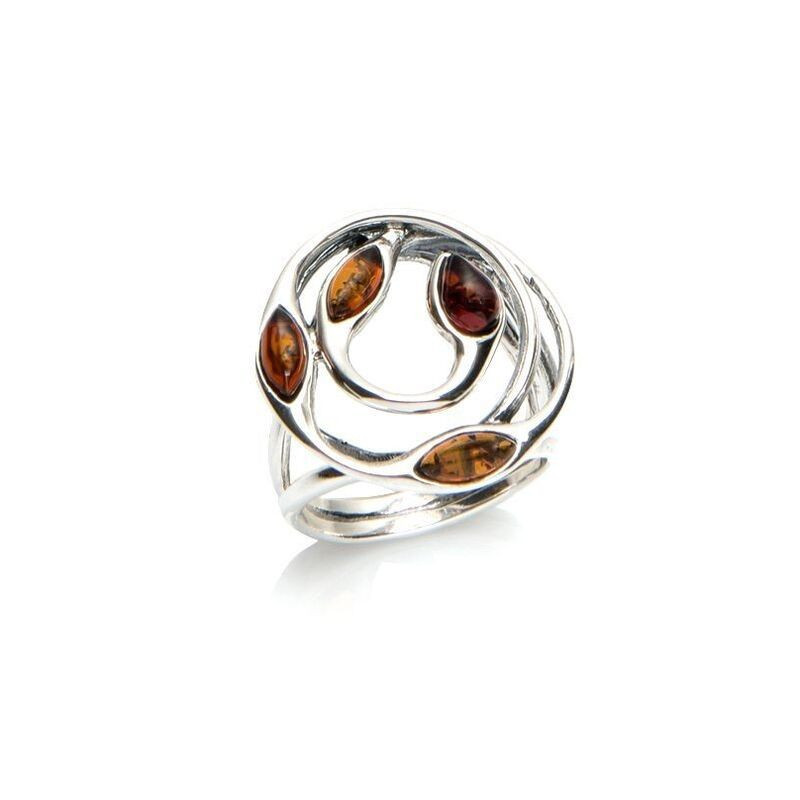 Multi-stone ring in cognac amber navette, in rhodium-plated 925 silver