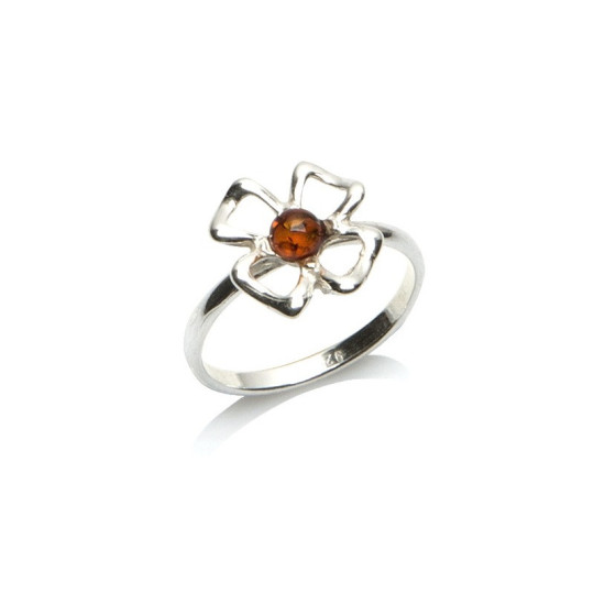 Anillo redondo con flor de ámbar coñac, plata 925 rodiada