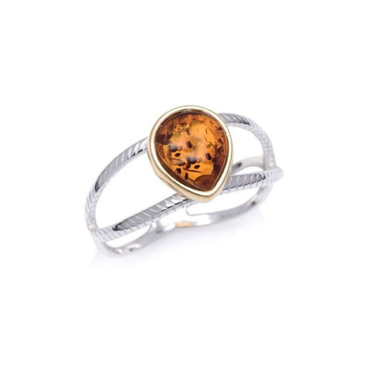 Bague en ambre cognac de la mer Baltique goutte, en argent 925 rhodié