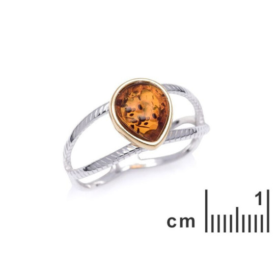 Anello a goccia in ambra cognac del Mar Baltico, argento 925 rodiato