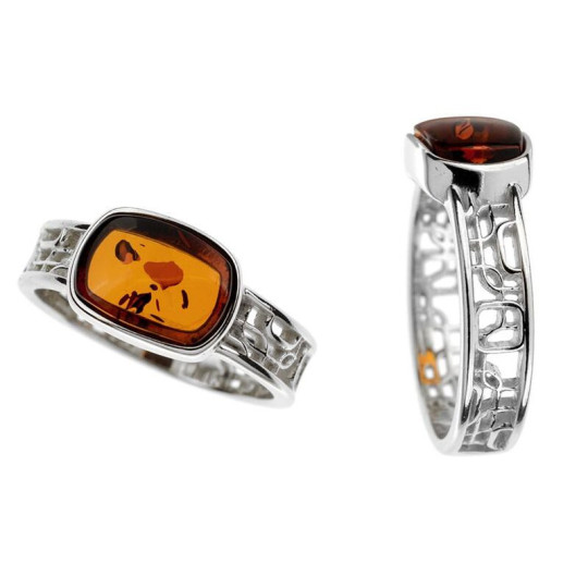 Rechteckiger Ring aus natürlichem Cognac-Bernstein, in rhodiniertem 925er Silber