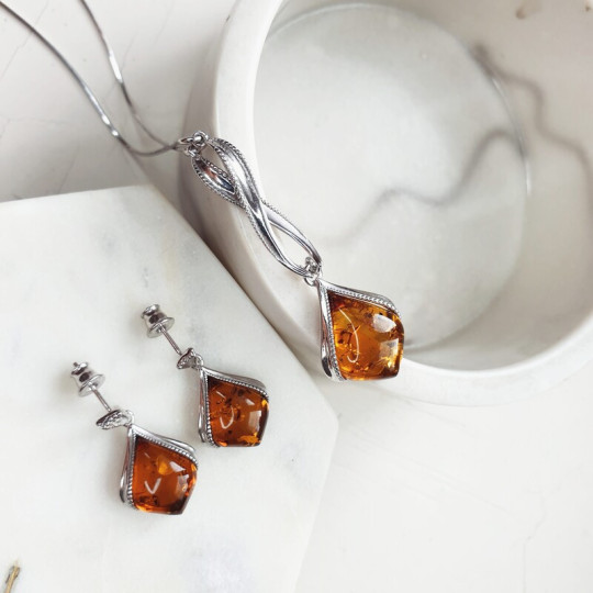 Baltic Sea cognac amber ring, rhodium-plated 925 silver