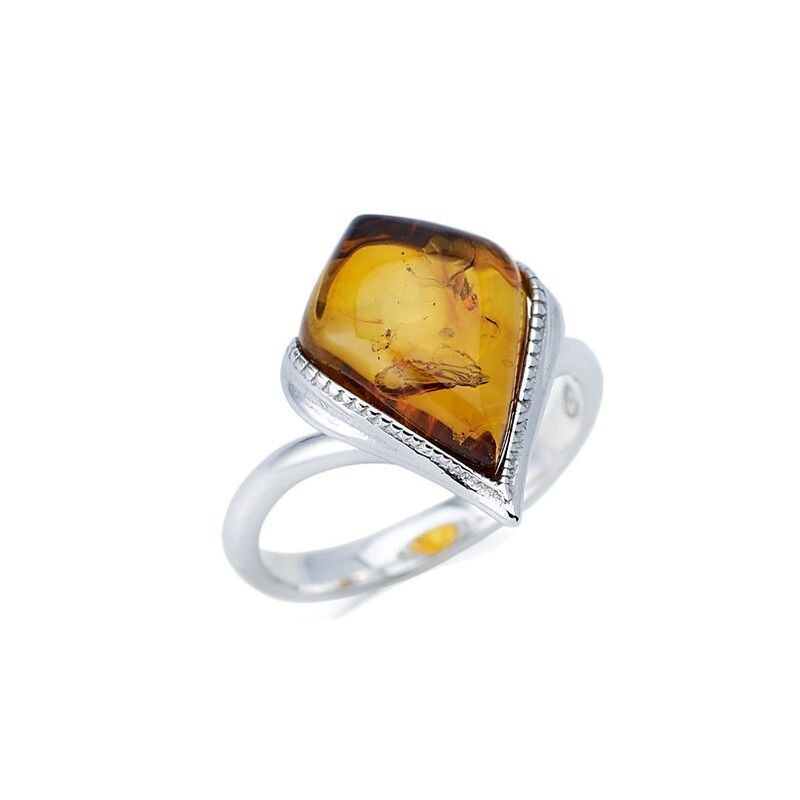 Baltic Sea cognac amber ring, rhodium-plated 925 silver