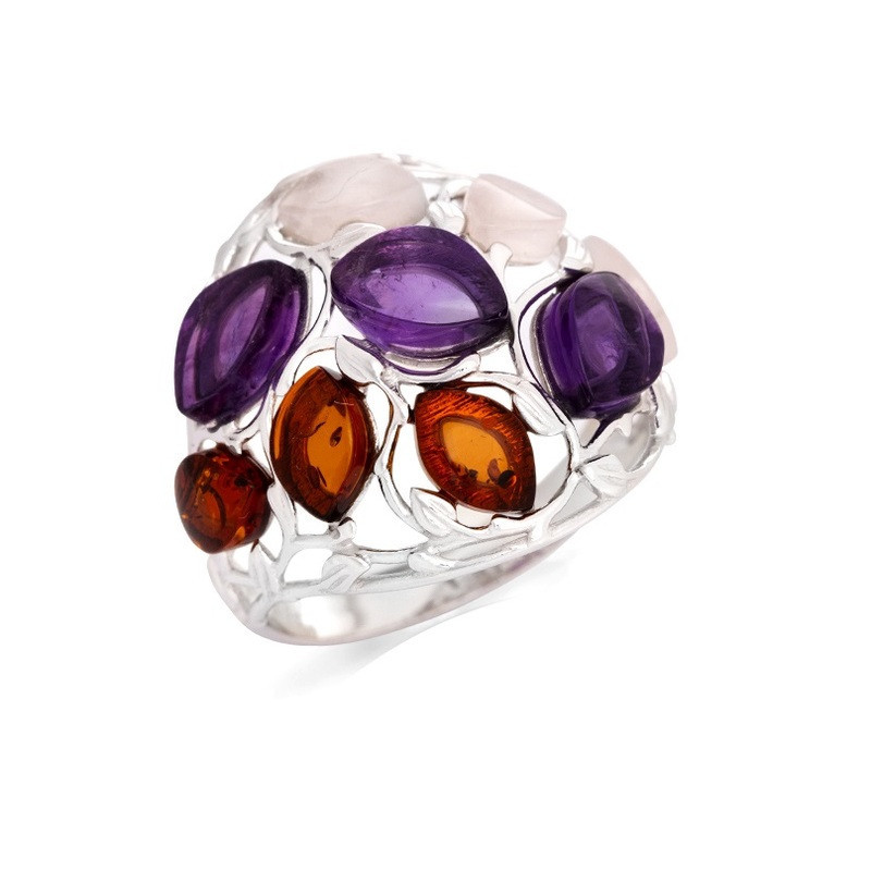 Anillo multipiedra ovalado, ámbar y cuarzo, en plata 925 rodiada