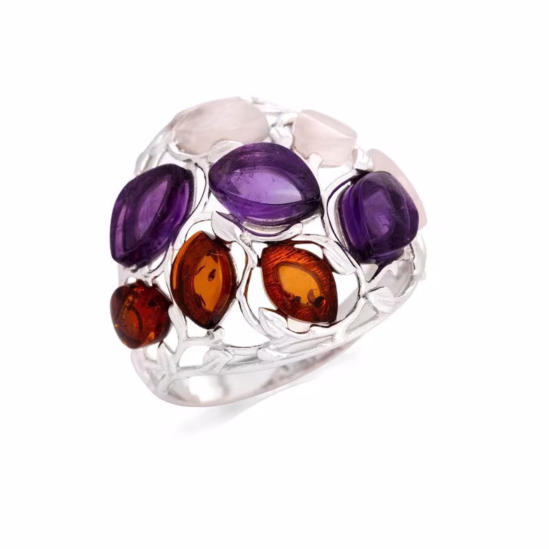 Bague multipierres ovales, ambre et quartz, en argent 925 rhodié