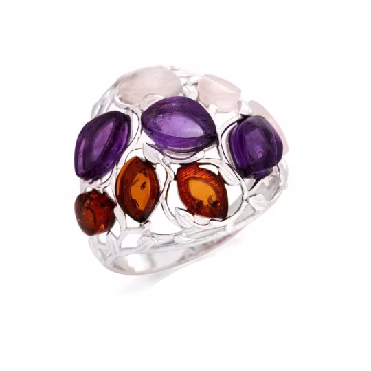 Bague multipierres ovales, ambre et quartz, en argent 925 rhodié
