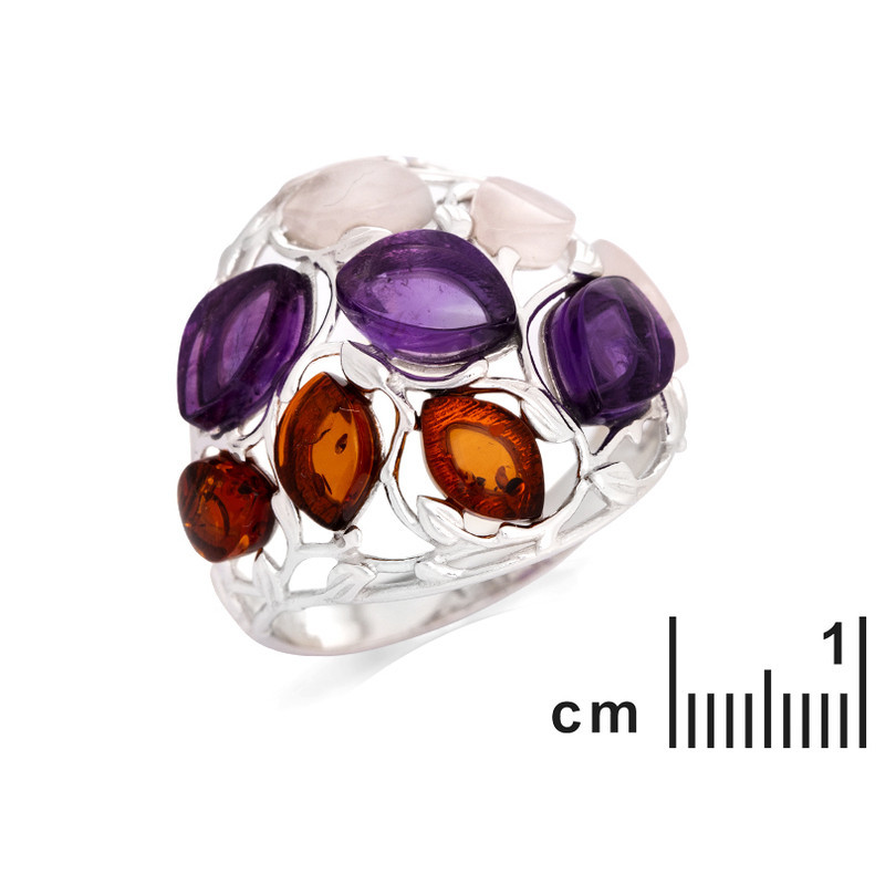 Anillo multipiedra ovalado, ámbar y cuarzo, en plata 925 rodiada