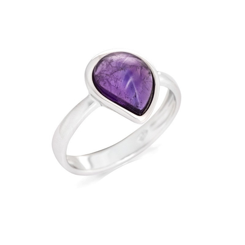 Anello a goccia in ametista viola naturale, in argento 925 rodiato