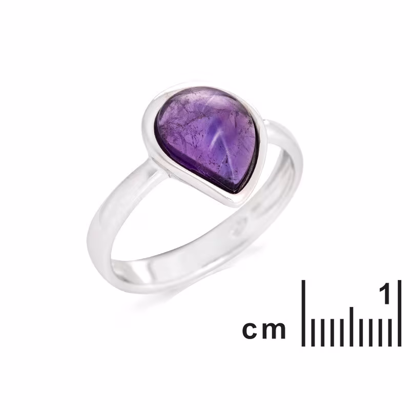 Bague en améthyste violette naturelle goutte, en argent 925 rhodié