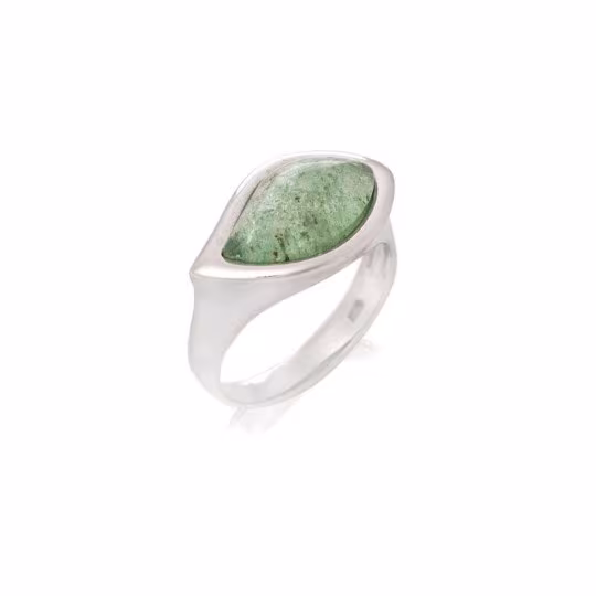 Large natural green aventurine stone ring, in rhodium-plated 925 silver