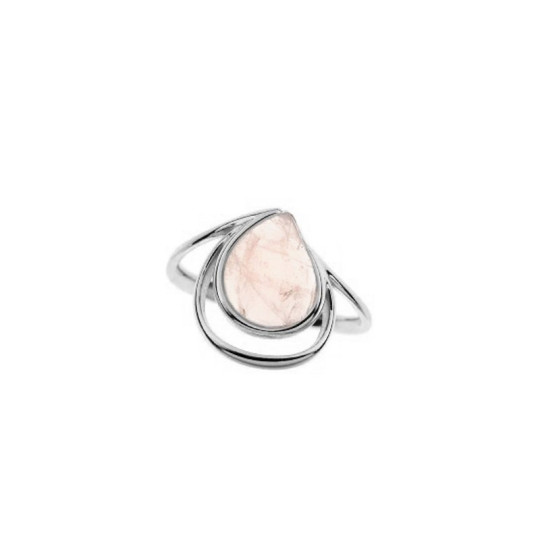 Anello a goccia in quarzo rosa naturale, argento 925 rodiato
