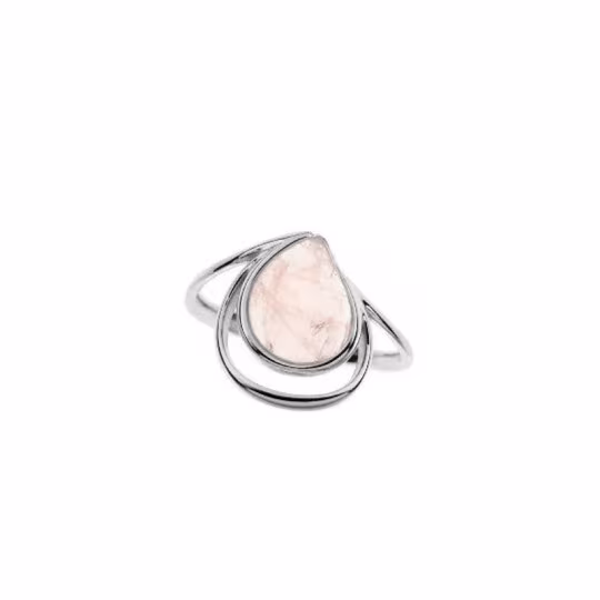 Anillo de gota de cuarzo rosa natural, plata 925 rodiada