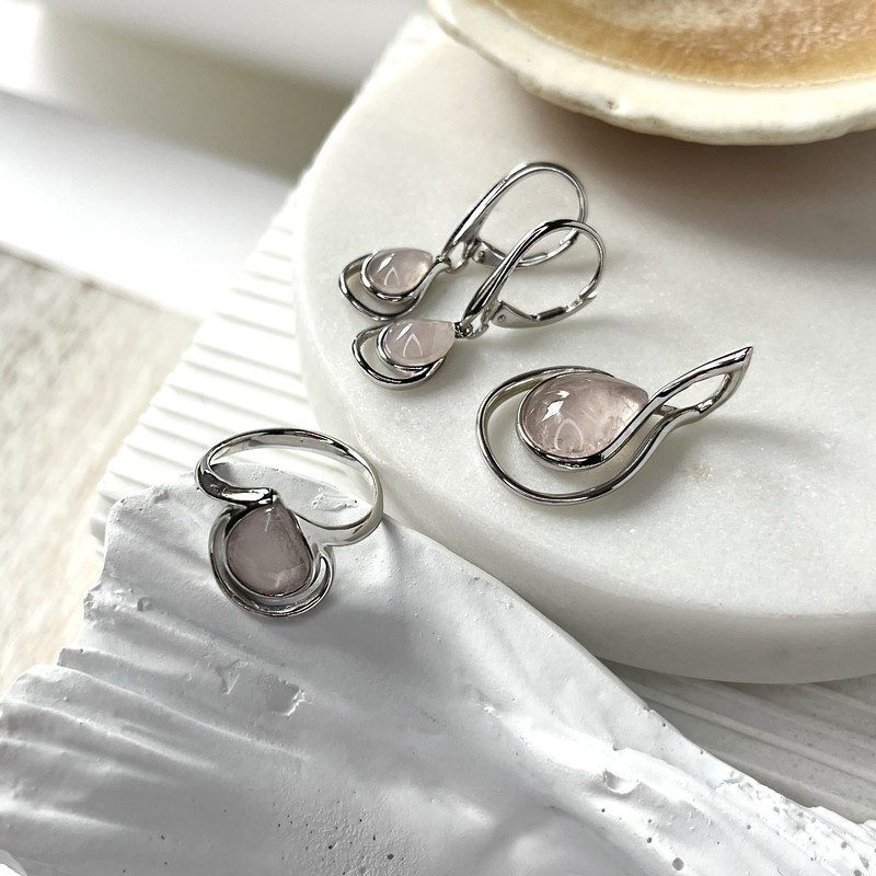 Anello a goccia in quarzo rosa naturale, argento 925 rodiato