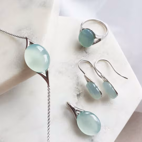 Bague en agate bleue naturelle ovale, en argent 925 rhodié