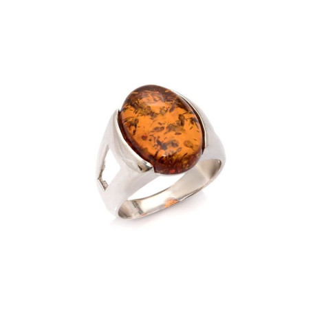 Oval Baltic Sea cognac amber Signet ring , rhodium-plated 925 silver