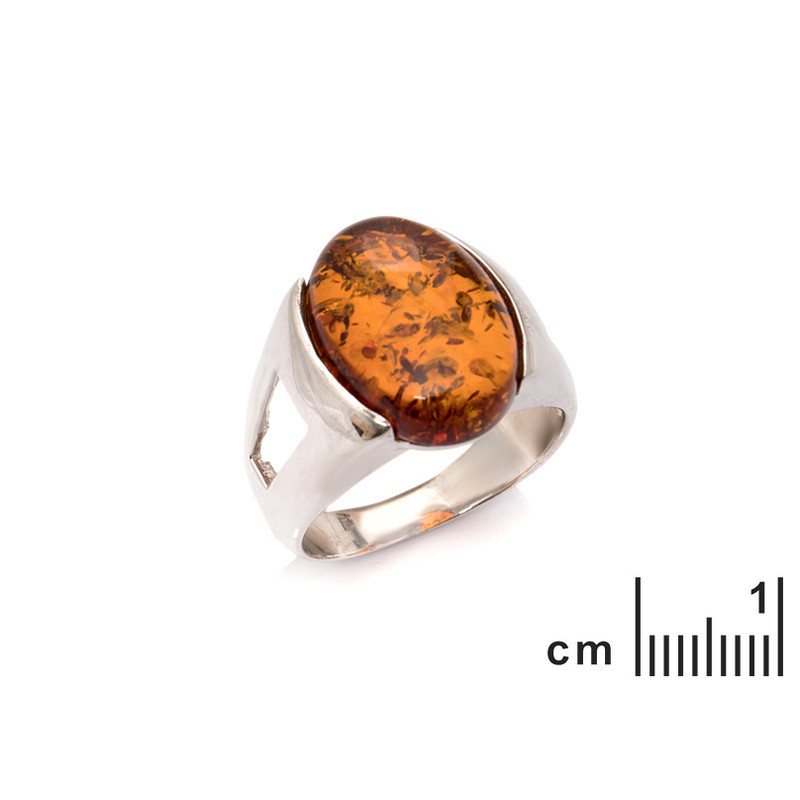 Anillo sello ovalado de ámbar coñac del Mar Báltico, plata 925 rodiada