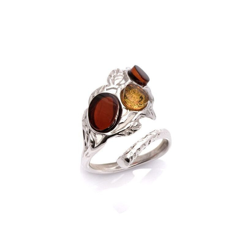 Anillo multipiedra ovalado de ámbar coñac, plata 925 rodiada