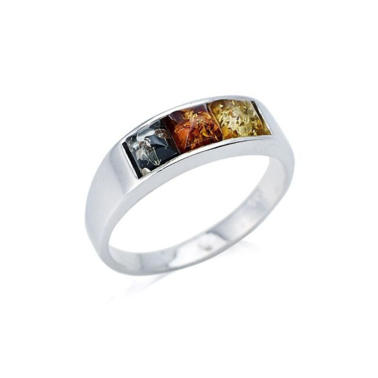 Anello quadrato multipietra in ambra del Mar Baltico, argento 925 rodiato