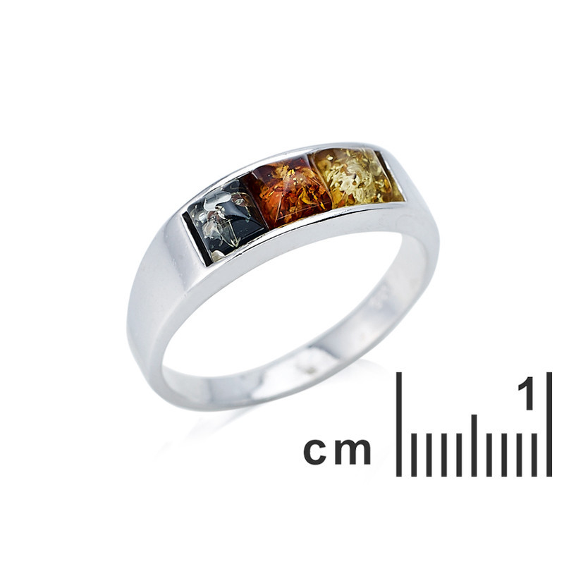 Square Baltic Sea amber multi-stone ring, rhodium-plated 925 silver