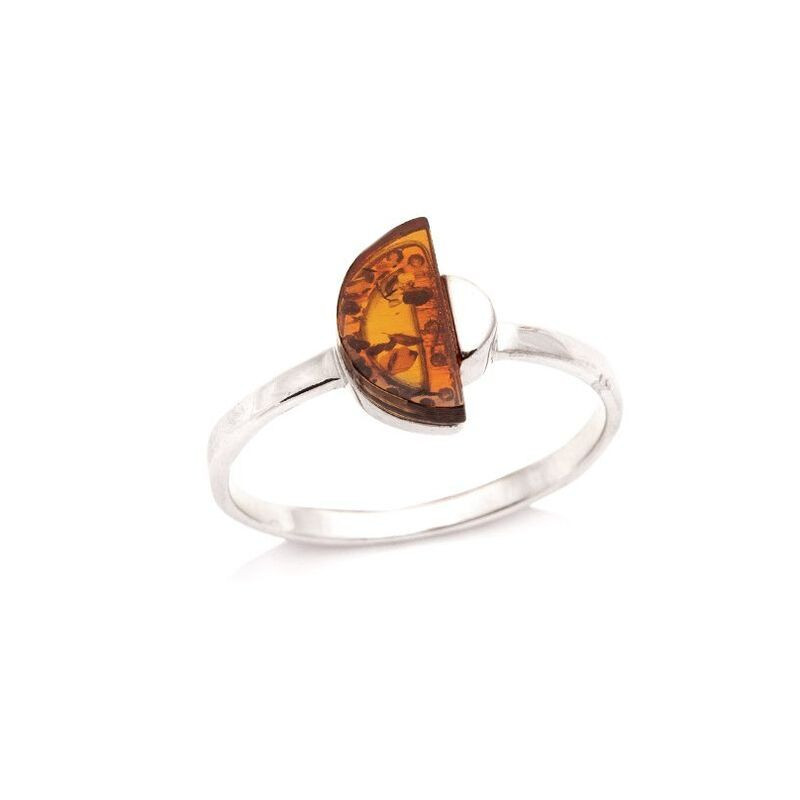 Bague demi-cercle en ambre cognac naturel demi-rond, en argent 925 rhodié