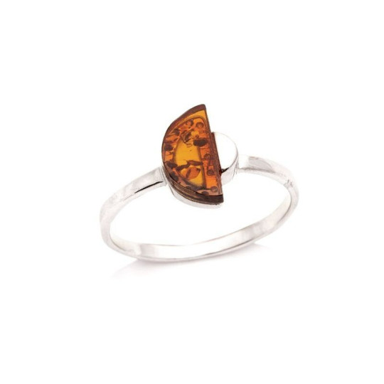 Anello semicircolare in ambra naturale color cognac, semicircolare, in argento 925 rodiato