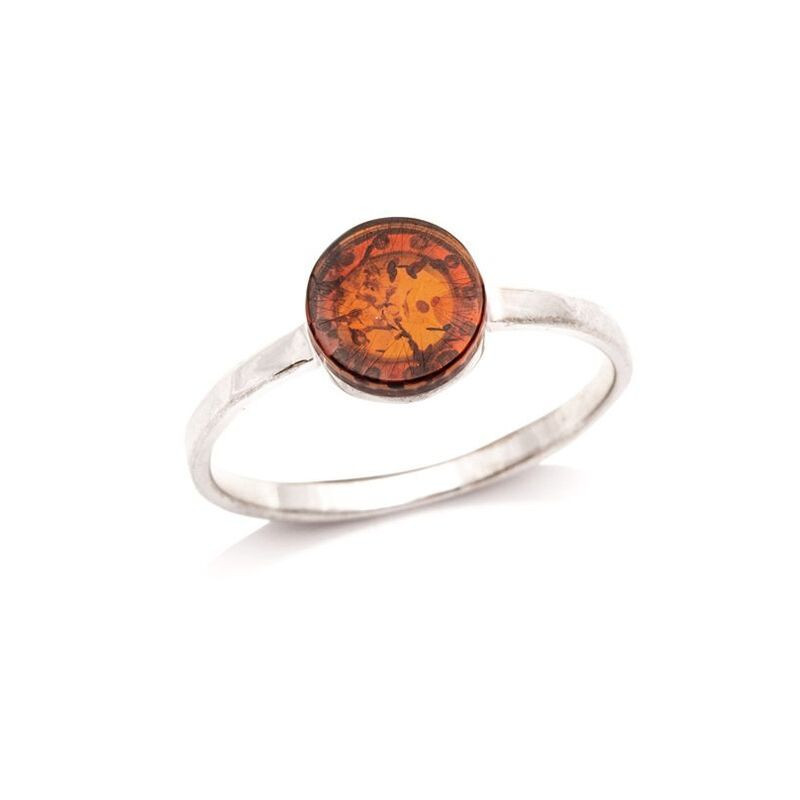 Natural cognac amber ring from the Baltic Sea, round, in rhodium-plated 925 silver