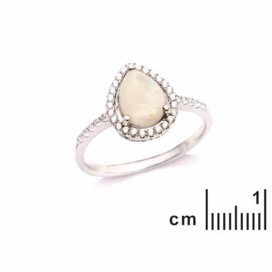 Opal and zirconium oxide drop ring, in rhodium-plated 925 silver