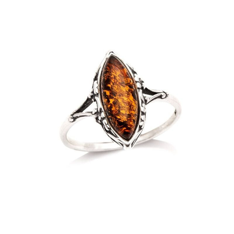 Anello in ambra naturale color cognac del Mar Baltico, navette, in argento 925 invecchiato