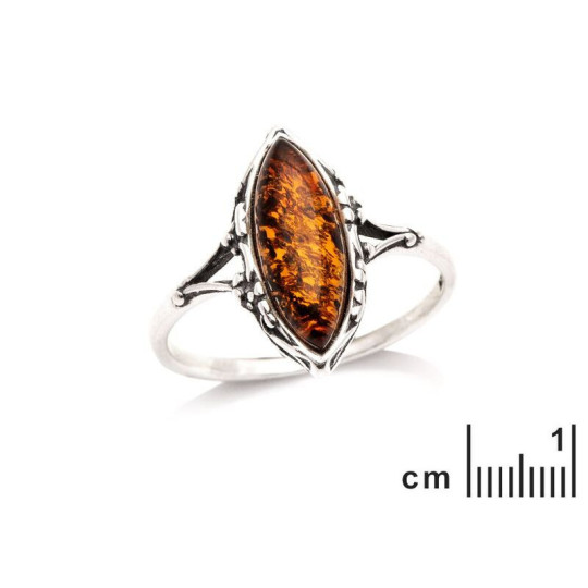 Anillo de ámbar coñac natural del mar Báltico, navette, en plata 925 envejecida