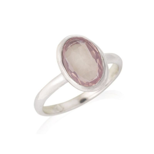 Oval natural rose quartz ring, rhodium-plated 925 silver