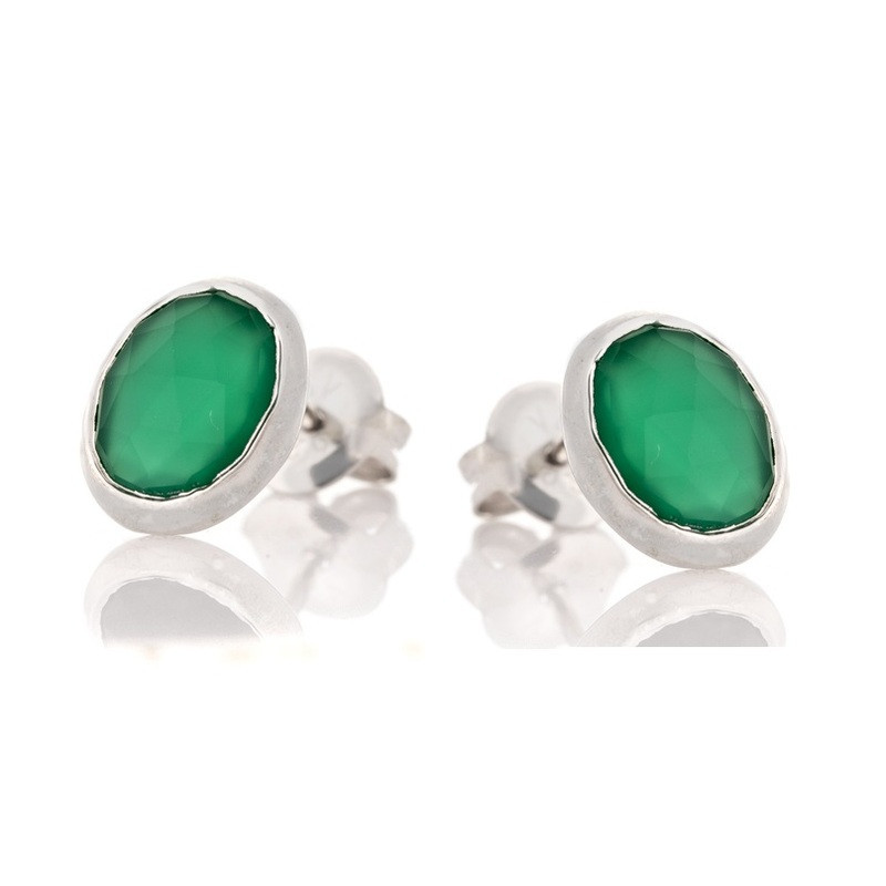Orecchini a bottone ovali in onice verde naturale, argento 925 rodiato