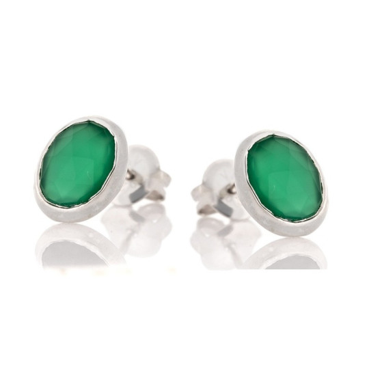 Clous d'oreilles en onyx vert naturel ovale, en argent 925 rhodié