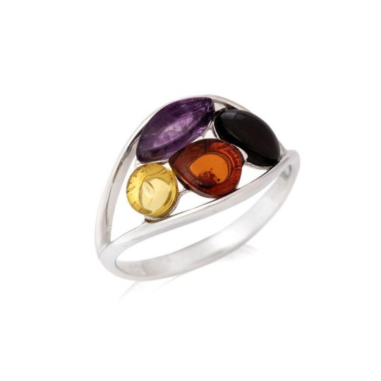 Anello multipietra in ametista e ambra, in argento 925 rodiato
