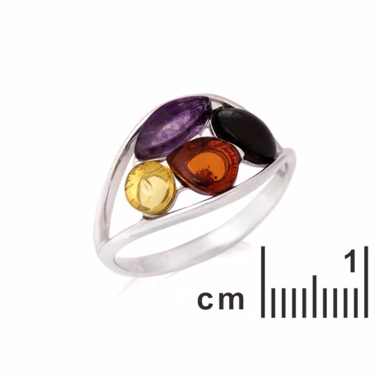 Bague multipierres en améthyste et ambre, en argent 925 rhodié
