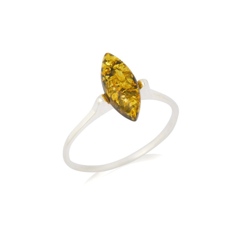 Anello in ambra naturale verde del Mar Baltico, a navetta, in argento 925 rodiato