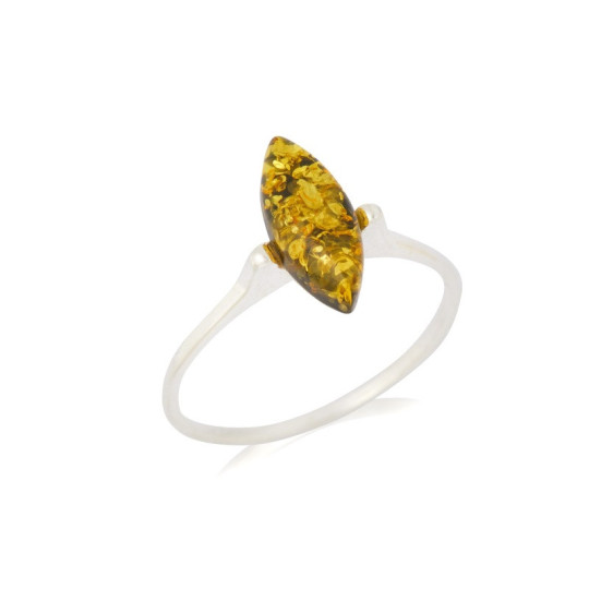 Bague en ambre vert naturel de la mer Baltique navette, en argent 925 rhodié