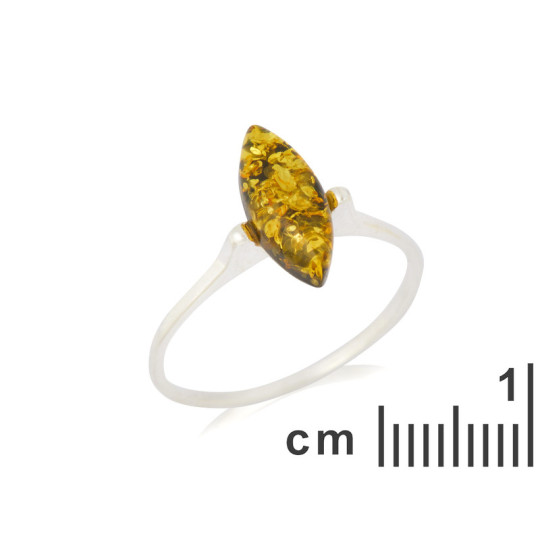 Bague en ambre vert naturel de la mer Baltique navette, en argent 925 rhodié