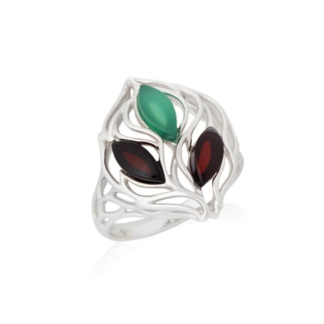 Multi-stone ring in green amber, in rhodium-plated 925 silver