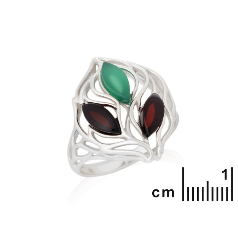 Anello multipietra in ambra verde, in argento 925 rodiato