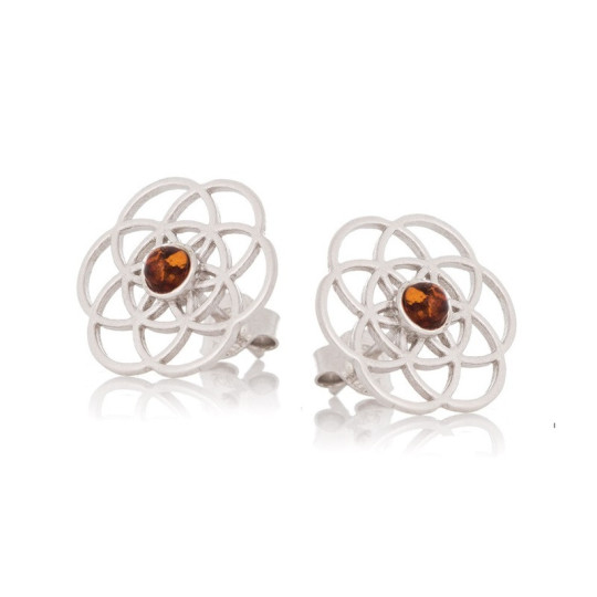 Blume des Lebens Ohrringe aus rundem Cognac-Bernstein, aus rhodiniertem 925er Silber