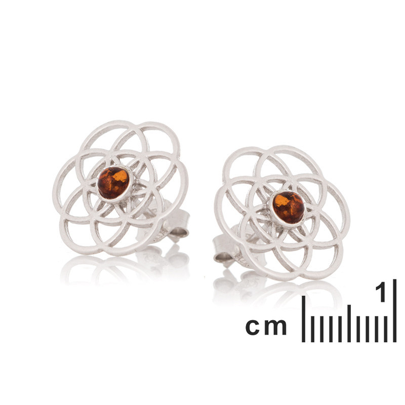 Blume des Lebens Ohrringe aus rundem Cognac-Bernstein, aus rhodiniertem 925er Silber