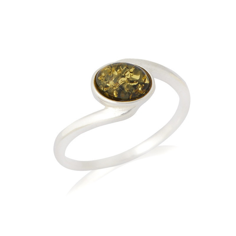 Anillo ovalado de ámbar báltico verde natural en plata 925 rodiada