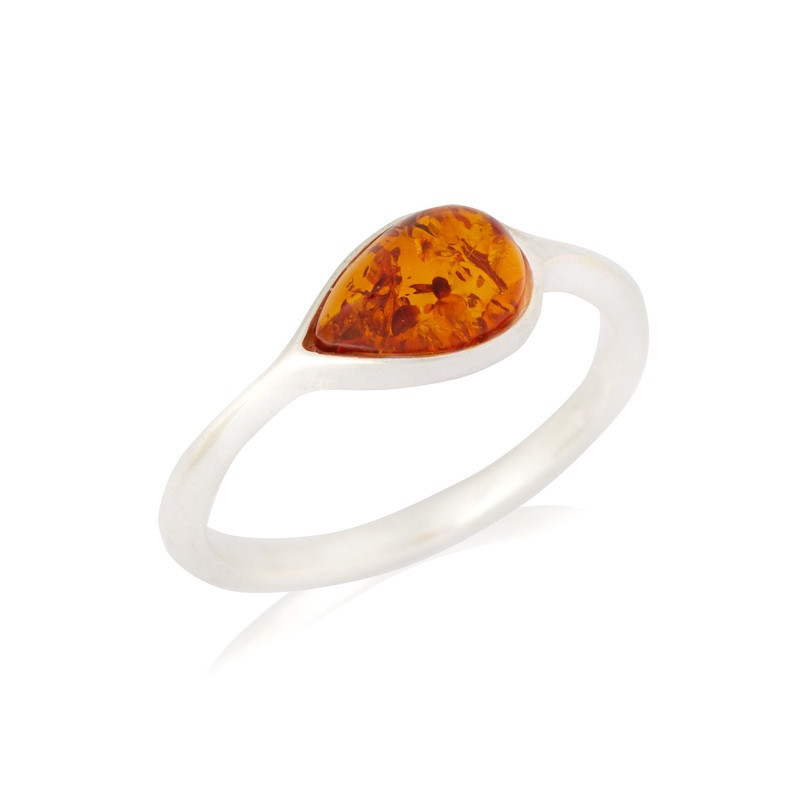 Bague en ambre cognac naturel de la mer Baltique goutte, en argent 925 rhodié
