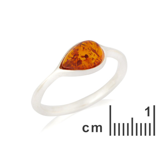 Bague en ambre cognac naturel de la mer Baltique goutte, en argent 925 rhodié