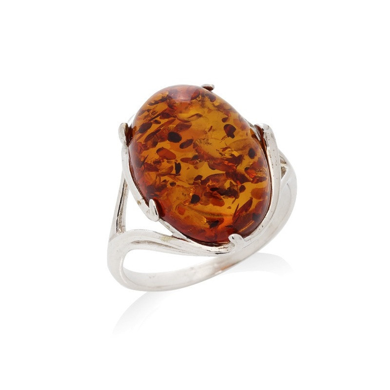 Large oval cognac amber stone ring, in rhodium-plated 925 silver
