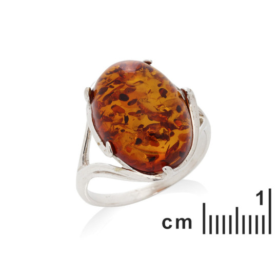 Großer ovaler Cognac-Bernsteinring, in rhodiniertem 925er Silber
